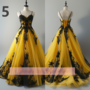 Yellow and Black Lace Applique Strapless Ball Gown Floor Length Evening Formal Occasion Party Prom Dress Custom Size W11-11-2