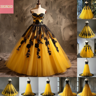 Yellow and black lace applique strapless ball gown full length evening formal occasion party prom dress custom color size w11-12