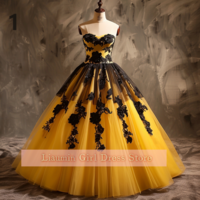 Yellow and Black Lace Applique Strapless Ball Gown Full Length Evening Formal Occasion Party Prom Dress Custom Color Size W11-12 - Thumbnail 2