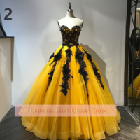 Yellow and Black Lace Applique Strapless Ball Gown Full Length Evening Formal Occasion Party Prom Dress Custom Color Size W11-12 - Thumbnail 3