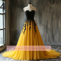 Yellow and Black Lace Applique Strapless Ball Gown Full Length Evening Formal Occasion Party Prom Dress Custom Color Size W11-12 - Thumbnail 5