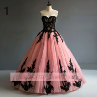 Pink and Black Lace Applique Strapless Ball Gown Full Length Evening Formal Occasion Party Prom Dress Custom Color Size W11-13 - Thumbnail 2