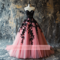 Pink and Black Lace Applique Strapless Ball Gown Full Length Evening Formal Occasion Party Prom Dress Custom Color Size W11-13 - Thumbnail 4