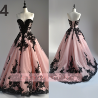 Pink and Black Lace Applique Strapless Ball Gown Full Length Evening Formal Occasion Party Prom Dress Custom Color Size W11-13 - Thumbnail 5