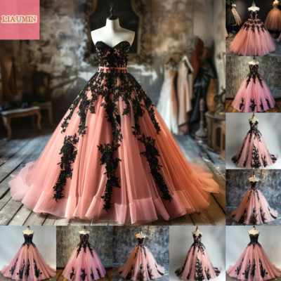 Pink and black lace applique strapless ball gown full length evening formal occasion party prom princess dress custom w11-14 - Thumbnail 2