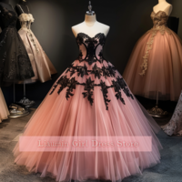 Pink and Black Lace Applique Strapless Ball Gown Full Length Evening Formal Occasion Party Prom Princess Dress Custom W11-14 - Thumbnail 3