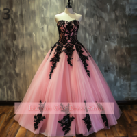 Pink and Black Lace Applique Strapless Ball Gown Full Length Evening Formal Occasion Party Prom Princess Dress Custom W11-14 - Thumbnail 4