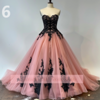 Pink and Black Lace Applique Strapless Ball Gown Full Length Evening Formal Occasion Party Prom Princess Dress Custom W11-14 - Thumbnail 7