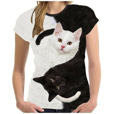 Black and White Cat 3D Print Couple Round Neck Short Sleeve T-Shirt