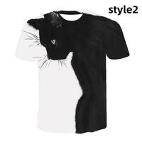Black and White Cat 3D Print Couple Round Neck Short Sleeve T-Shirt - Thumbnail 4