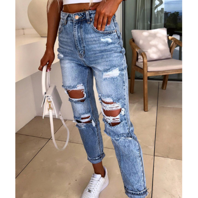 Women's fashion casual distressed blue jeans