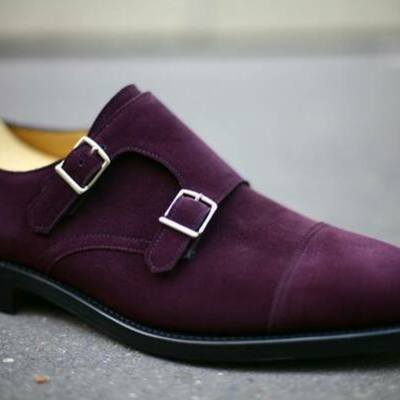 Suede genuine leather purple double monkstrap derby cap toe handmade dress shoes - Thumbnail 2