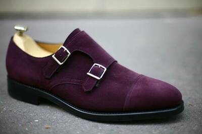 Suede Genuine Leather Purple Double Monkstrap Derby Cap Toe Handmade Dress Shoes