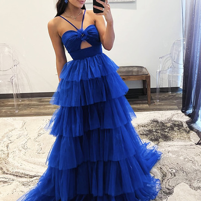Blue tulle layers long prom dress, beautiful a-line backless evening party dress - Thumbnail 1