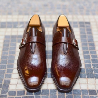 Brown leather single monk strap dress shoes - Thumbnail 1