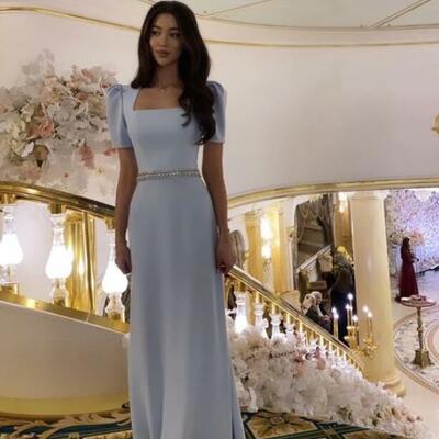 Floor length blue stain prom dresses women formal evening gown - Thumbnail 4