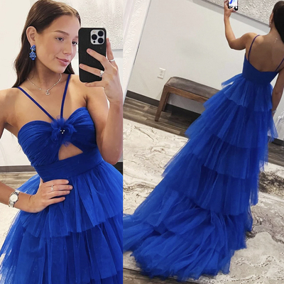 Royal blue prom dresses with handmade flower - Thumbnail 2