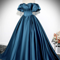 Blue Satin Long A-Line Prom Dress - Thumbnail 1