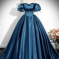 Blue Satin Long A-Line Prom Dress - Thumbnail 2