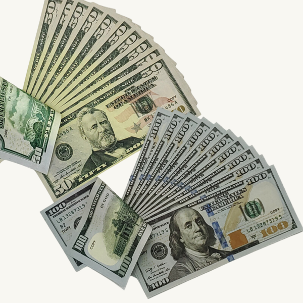 300 Pieces X $100 + $50 ) Premium Replica Prop Money Set for Film and TV Productions . Full print Fake bills Double sided 