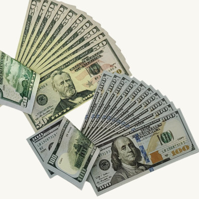 Fake money 250 pieces mixed assorted amounts  $100 + $50  double sided.full print prop money for movie set,game board,video,gift