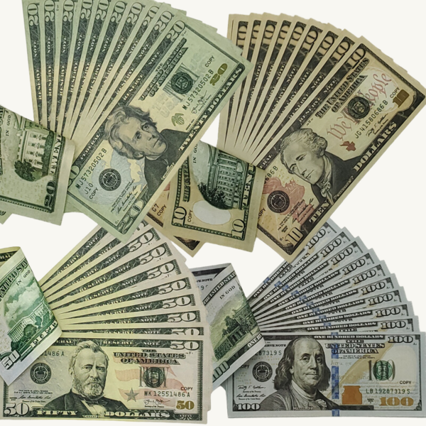 Prop Money 200 Pieces X $100 + $50 + $20 + $10 Ultra-Realistic Prop Money for Creative Projects and Events Double sided, Full printed replica dollar