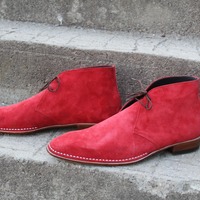 New Handmade Mens Red Suede Leather Chukka Dress Fashion Boot - Thumbnail 1