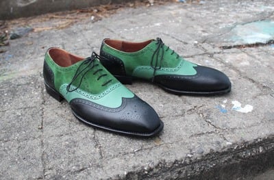 Black / Green Suede Leather Wingtip Oxford Lace up Dress Shoes
