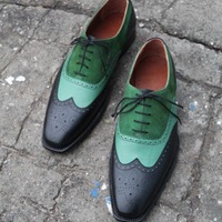 Black / Green Suede Leather Wingtip Oxford Lace up Dress Shoes - Thumbnail 1