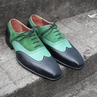 Black / Green Suede Leather Wingtip Oxford Lace up Dress Shoes - Thumbnail 2
