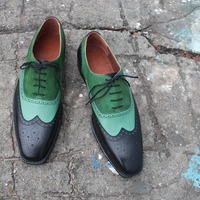 Black / Green Suede Leather Wingtip Oxford Lace up Dress Shoes - Thumbnail 3