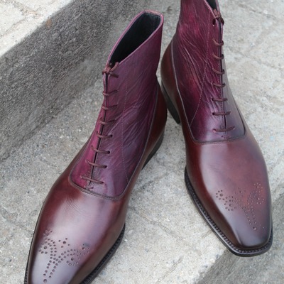 Handmade calf skin and burgundy highland grain ankle high lace up boot - Thumbnail 4