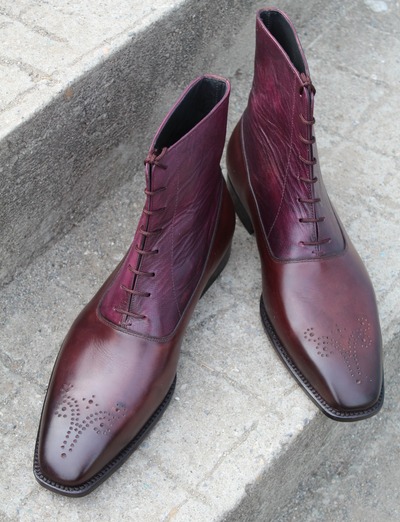 Handmade Calf skin and Burgundy Highland Grain Ankle High Lace up Boot