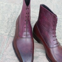 Handmade Calf skin and Burgundy Highland Grain Ankle High Lace up Boot - Thumbnail 6