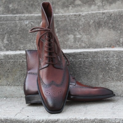 Crafted leather brown leather handmade wingtip men dress ankle high lace up boot - Thumbnail 3