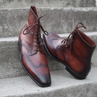 Crafted Leather Brown Leather Handmade Wingtip Men Dress Ankle High Lace up Boot - Thumbnail 2