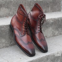 Crafted Leather Brown Leather Handmade Wingtip Men Dress Ankle High Lace up Boot - Thumbnail 3