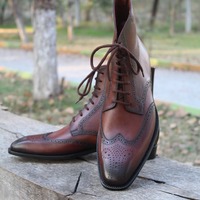 Crafted Leather Brown Leather Handmade Wingtip Men Dress Ankle High Lace up Boot - Thumbnail 5