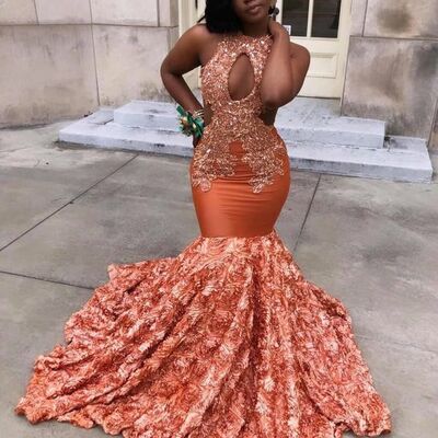Orange lace appliques african girl prom dress formal gown party dress 