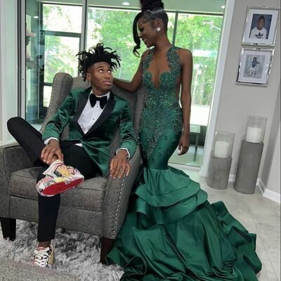 Dark green beading crystals african girl prom dress formal gown party dress 