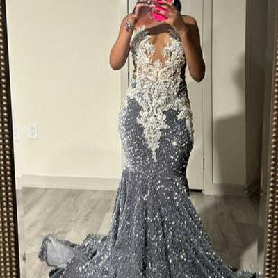Grey beading crystals african girl prom dress formal gown party dress 