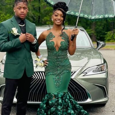 Green beading crystals lace african girl prom dress formal gown party dress 