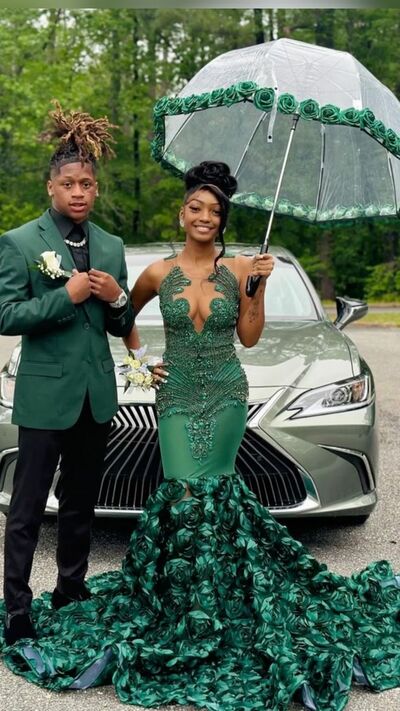 Green Beading Crystals Lace African Girl Prom Dress Formal Gown Party Dress 