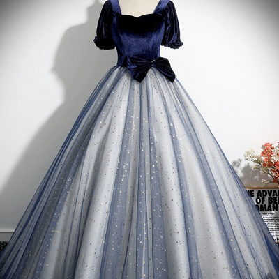 Blue velvet tulle long prom dress - Thumbnail 1