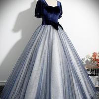 Blue Velvet Tulle Long Prom Dress - Thumbnail 1