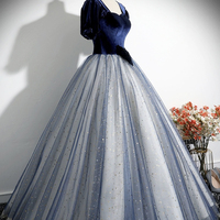 Blue Velvet Tulle Long Prom Dress - Thumbnail 2