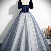 Blue Velvet Tulle Long Prom Dress - Thumbnail 3