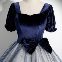 Blue Velvet Tulle Long Prom Dress - Thumbnail 4