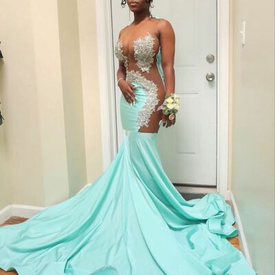 Blue lace african girl prom dress formal gown party dress 