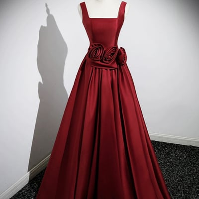 Burgundy satin long prom dress with flower - Thumbnail 1